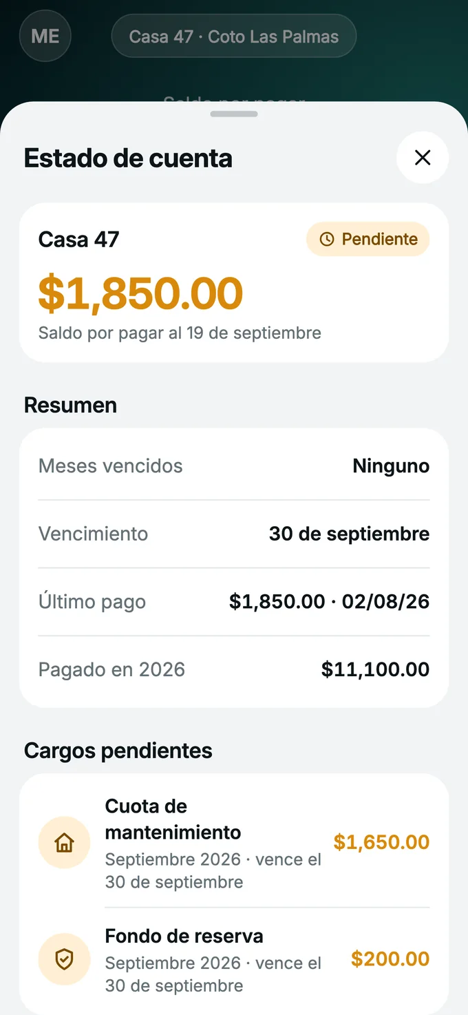 Estado de cuenta de la casa en la app
