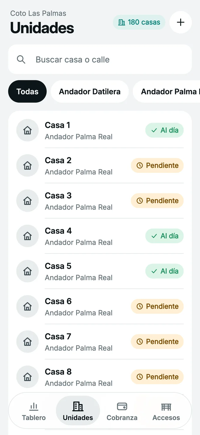 Lista de unidades con su estado